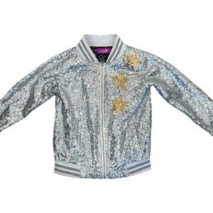 Sparkle by Stoopher Girls 6/7 Silver Sequin Bomber Jacket w/ Gold Star Appliqués